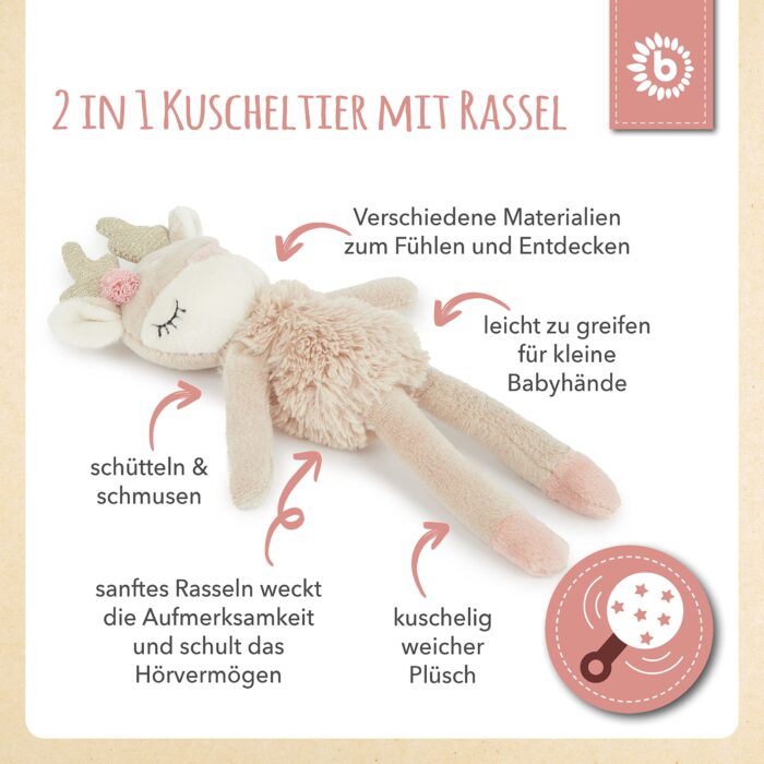 Bieco Kuscheltier Reh Ella mit Rassel | Baby Kuscheltier ab 0 Monate Stofftier Baby Plüschtier Reh – Bild 6